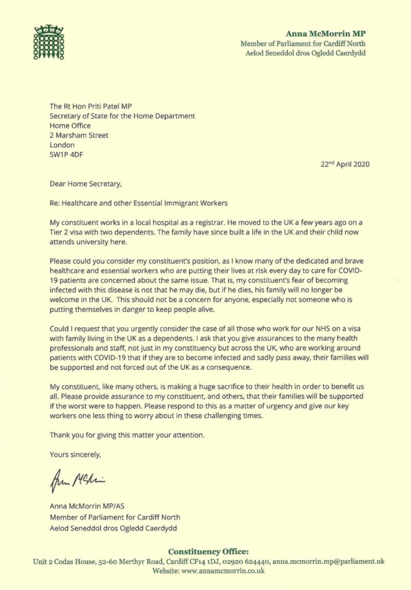 Anna McMorrin MP Letter to Home Secretary