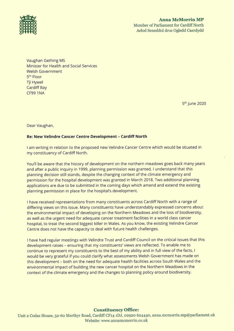 Letter to Welsh Health Minister Vaughan Gething MS