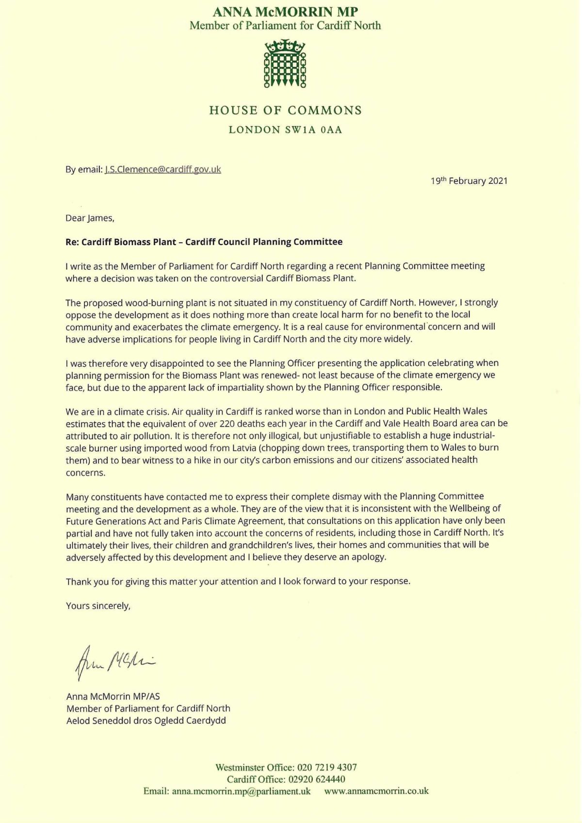 Letter to Head of Planning
